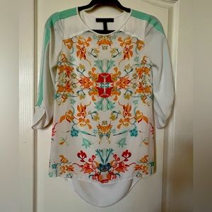 BCBG MaxAzria “ANDIE” Floral Draped Tunic Blouse
